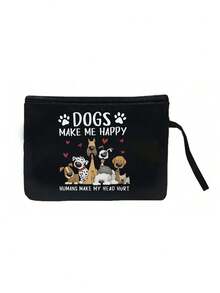 黑色亚麻手提包，饰有可爱卡通狗图案，配有抽绳化妆包，女士大容量亚麻手提包。便携休闲收纳手提包，大容量，多功能便携教师手提包，女士礼物，圣诞礼物，完美假日单肩包，适合日常旅行 - 彩色 - 查看 13