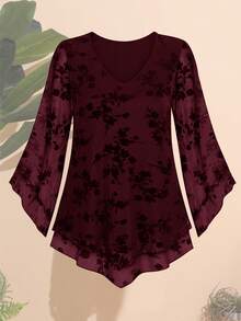 CheersLife Plus Size Women Elegant Blouse, V-Neck Double-Layer Elastic Mesh Casual Flowy Work Shirt With Ruffle Trim & 3/4 Bell Sleeve, Belted Waist Top Spring - Burgundy - View 3