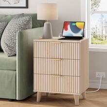 GIKPAL Wood 3 Drawers Dresser Fluted Night Stand With Charging Station, Storage Nightstand Modern Side Table, Bedside Table For Bedroom, Living Room Entryway, Natural - 查看 3