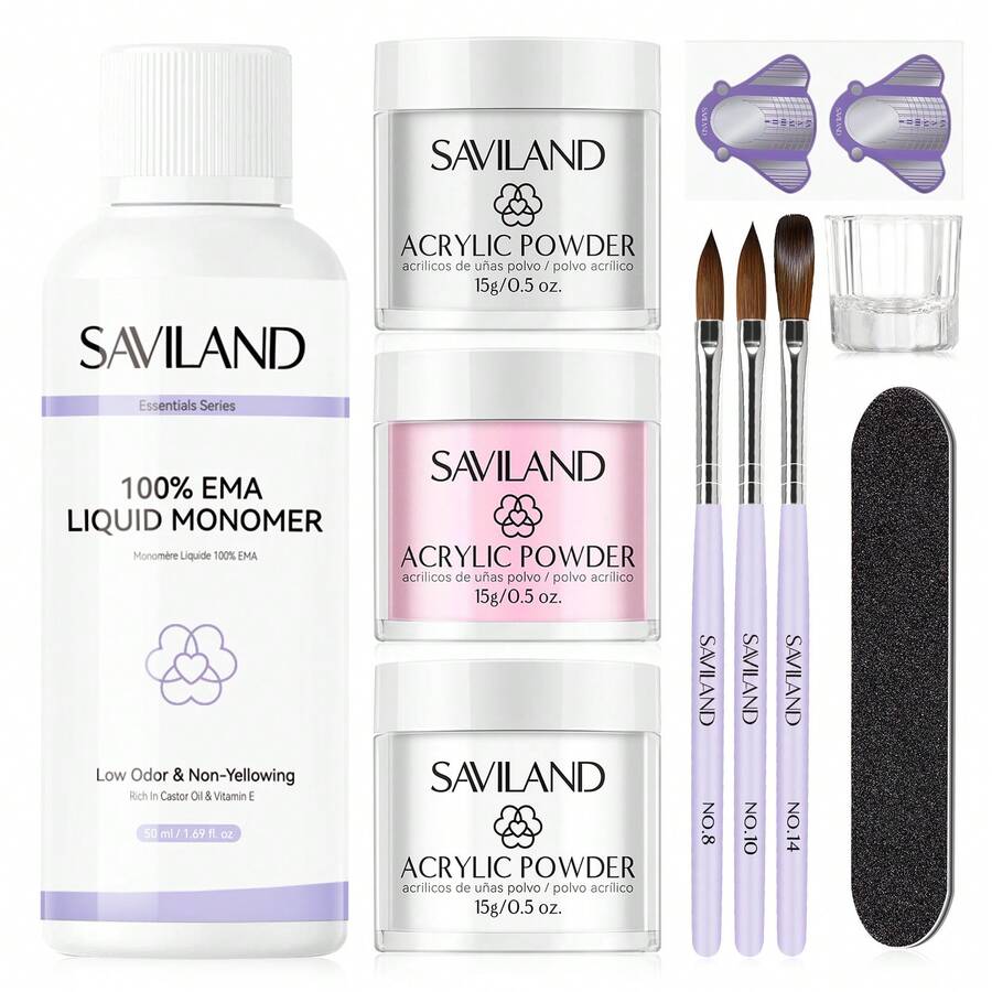 Kit de démarrage pour ongles en acrylique SAVILAND : Kit pour débutants en ongles acryliques, comprenant un ensemble d'ongles en gel avec poudre acrylique transparente, blanche et rose, monomère EMA et pinceau acrylique pour extensions d'ongles, nail art 3D et manucure maison. - Multicolore - Voir 1