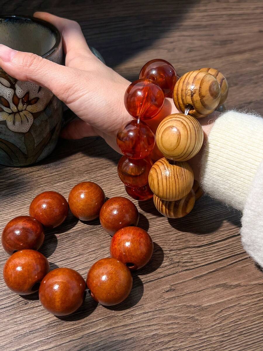 1pc Handmade Wooden Bracelet, Single Loop Design, Suitable For Couples And Friends, Suitable For Daily Wear And Gift Giving - Multicolor - View 1