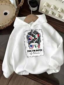 Winter Clothes For WomenGraphic Oversized Hoodies Sweatshirts For Women, Black White Options Long Sleeve Pocket Pullover, Sweatshirts, American And Mexican Flag Hair Bow And Glasses Fall Fashion 2025 Pullover, Letter Print Winter Clothes, Suitable For Parties, Door Activities, And Leisure, Gift For Women,Long Sleeve Tops Graduation,Back To School Fits,Graduation,Teacher Fits For Women,Back To School Pullover Fall FitLoose And Comfortablesudaderas De Mujer - trắng - Xem 2