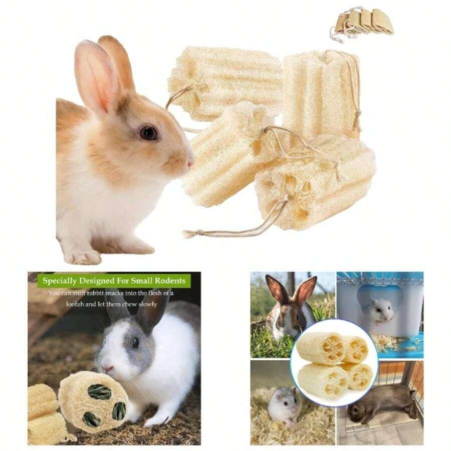 4PCS Rabbit Loofah Chew Toys, Organic Natural Loofah Toys Teeth Cleaning Bath Tools, Handmade Fiber - Rich Bunny Chew Toys Guinea Pig, Hamster, Rat, Chinchillas - 最初的 - 查看 1