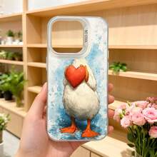 Cubierta de telefono con diseño de pato blanco sosteniendo corazon rojo estilo acuarela para funda protectora con borde negro ideal para amantes de animales y regalos romanticos Aplicable a los teléfonos de la serie Apple y Galaxy - Negro - Ver 5