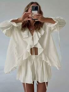 2pcs Set Solid Color Casual Elegant Pleated Ruffle/Frill Zip-Up Shirt And Shorts Set, Suitable For Beach, Date Night, Vacation, Home, Garden, Spring/Summer/Autumn - White - View 4