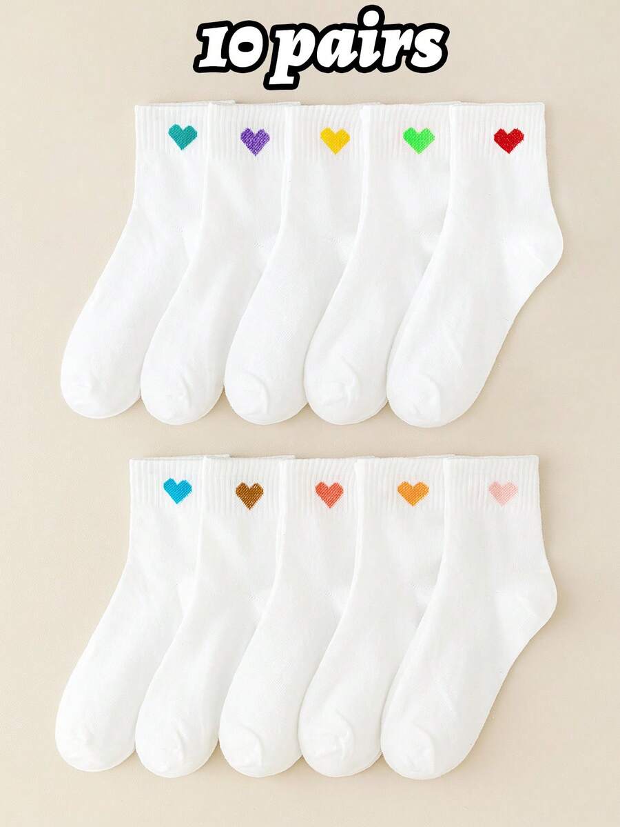10/5 Paar herzförmige weiße Mädchen Socken, geeignet für alle Jahreszeiten, Herbstsocken, modisch und vielseitig, Studentensocken, geeignet für tägliche Fahrten und Sport, atmungsaktiv