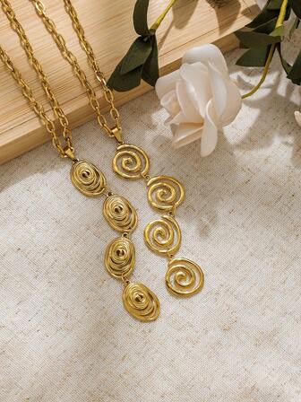 1件时尚小众设计18K镀金不锈钢漩涡流苏项链，适合女性日常、派对、宴会、节日搭配，可作毛衣配饰