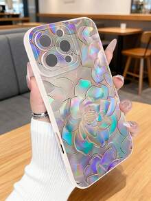 1 pieza Funda de teléfono con diseño de flores en efecto iridiscente y colores cambiantes, estilo moderno ideal para amantes de la moda brillante y arte visual, protección elevada para lente con diseño de ojo, resistente a golpes, compatible con iPhone17 ProMax/16/15/14/13/12/11/Plus/Pro/ProMax, compatible con Galaxy A34/A35/A54/A55, Galaxy S20/S21/S22/S23/S24/S25 Ultra/Plus, compatible con Galaxy/Redmi/Honor/OPPO/ViVo - Blanco - Ver 4
