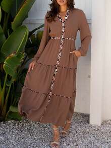 Acelitt Vestido Longo de Manga Longa, Cintura Alta, Decote em V, Detalhe de Remendo de Flor de Castanha, para Primavera e Outono, Corte Slim para Mulheres