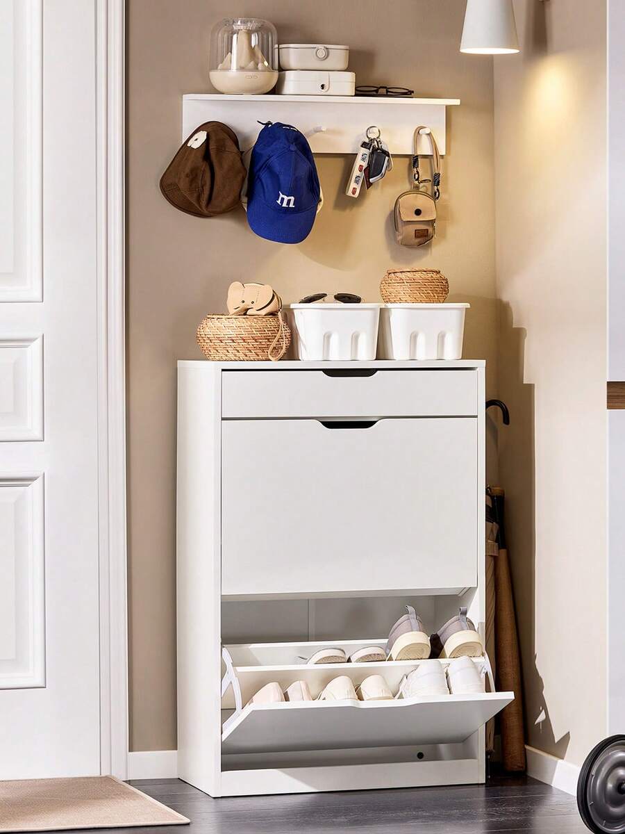 SoBuy 2 Flip-Drawers 1 Pull Out Drawer Shoe Cabinet Shoe Storage Cupboard Shoe Rack White W60 X D30 X H90cm FSR180-W - White - View 1