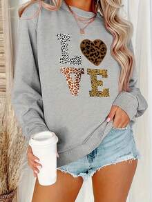 2026 Valentine's Day "LOVE" Pattern Printed Sweatshirt - Leopard Print And Glitter Decoration, Plus Size Women's Casual Long Sleeve Round Neck, Autumn And Winter Machine Washable Polyester Fabric, Suitable For Cheerleading Uniforms And Daily Outfits, Comfortable Fabric, Valentine's Day Gift Loose And Comfortable Winter Clothes For Women Women's Coats - 紅色 - 查看 6