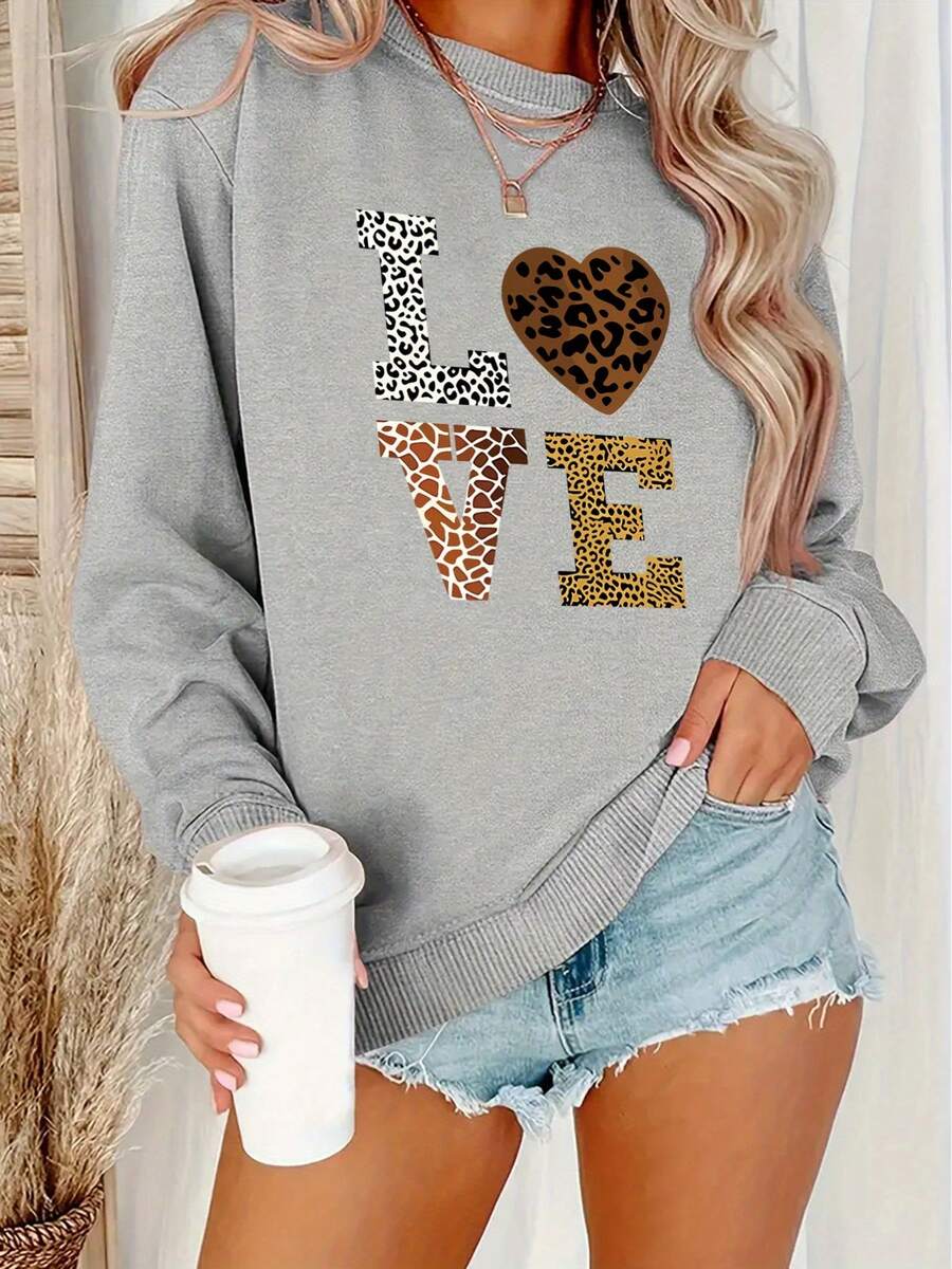 2026 Valentine's Day "LOVE" Pattern Printed Sweatshirt - Leopard Print And Glitter Decoration, Plus Size Women's Casual Long Sleeve Round Neck, Autumn And Winter Machine Washable Polyester Fabric, Suitable For Cheerleading Uniforms And Daily Outfits, Comfortable Fabric, Valentine's Day Gift Loose And Comfortable Winter Clothes For Women Women's Coats - 淺灰色 - 查看 1