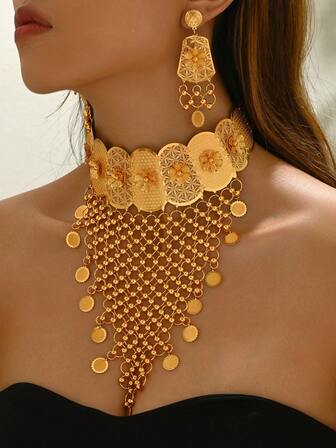 3pcs Luxury Middle East Style Sunflower Tassel Necklace & Earrings Jewelry Set, Suitable For Women Eid Al-Fitr Holiday, Exaggerated Wedding Party