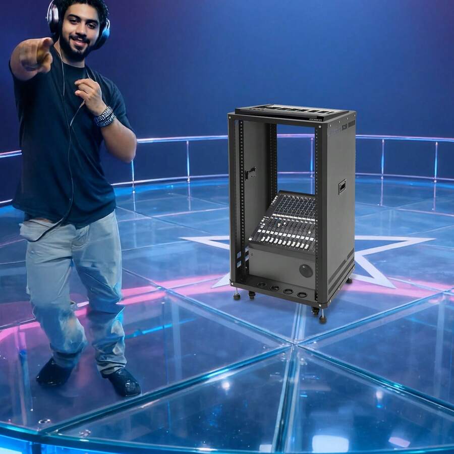 Futchoy 22U Heavy Duty DJ Mixer Stand | 300LBS Load Carbon Steel Audio Rack With Wheels & Leveling Feet, Heat Dissipation & Cable Management For Studio/Home Theater - Black - View 1