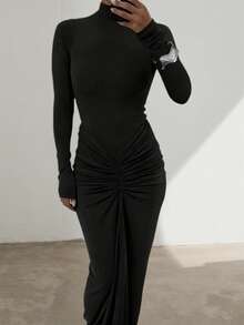 Vintage Coin Design Party Dress | Women's Black High Neck Bodycon Maxi Dress | Elegant Ruched Details, High Slit Hem | Suitable For New Year Celebrations And Formal Dinners | 2026 Fashionable Office Party Attire, Valentine Outfits For Women - màu đen - Xem 6