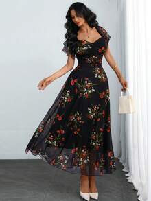 Vestido de malla con estampado floral negro gótico para mujer, diseño de busto fruncido, mangas con volantes, silueta en línea A, bajo transparente, diseño largo elegante y vintage para vacaciones de verano - Multicolor - Ver 5