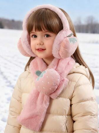 1 Set Kids Cute Strawberry Plush Earmuffs & Neck Warmer Scarf Set, Warm Winter Accessories Gift For Daughter, Perfect Winter Outfit