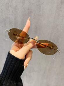 1副女士时尚眼镜，新款椭圆形无框设计，镶嵌水钻，时尚别致，适合街头风、度假、送礼、日常佩戴、派对、外出以及防晒。 - 彩色 - 查看 5