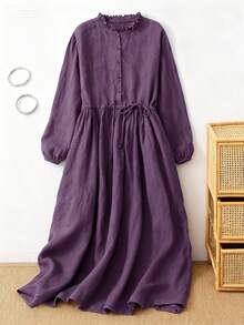 女士宽松七分袖中长连衣裙，艺术风格，秋季 - 紫色 - 查看 2