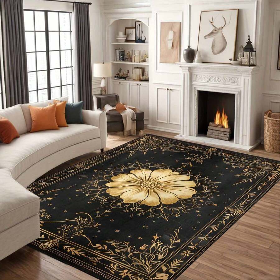 1Pc Large Mystical Moon & Golden Crescent Floral Area Rugs, Celestial Black With Golden Accents,Non-Slip Backing, Lightweight, Durable Polyester, Machine Washable, Easy To Clean, Soft Felt Back, Rug For Living Room, Bedroom Or Office, Sofa, Coffee Table, Kitchen, Bathroom, Balcony, Entrance Carpet, Apartment, Dormitory, Porch, Patio, Farmhouse Decor, Halloween, Fall Decor, Dark Academia Style, Indoor Use, Rugs For Living Room, Low Pile Carpet - Phong cách 9 - Xem 1