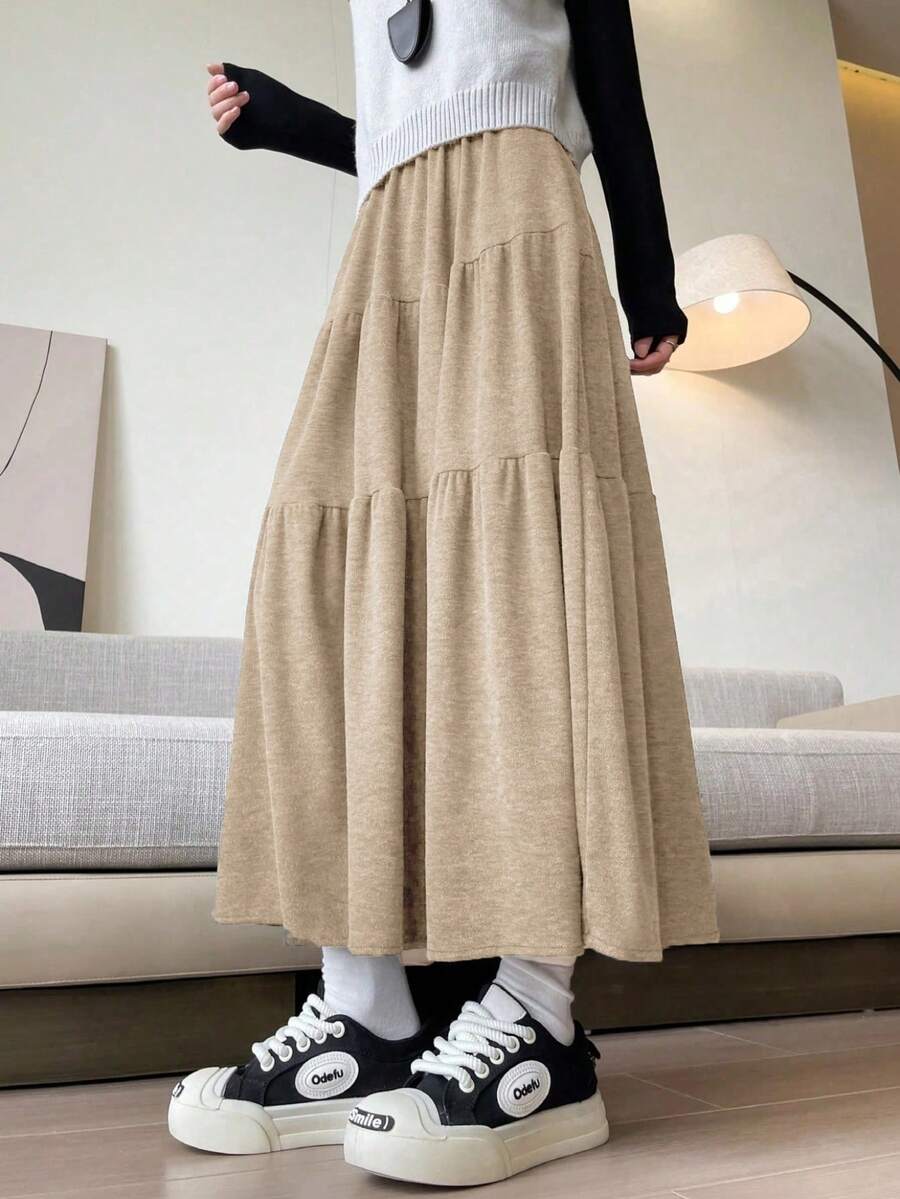 Women's Solid Color Elastic Waist Ruffle Hem Casual Versatile Skirt - Apricot - View 1