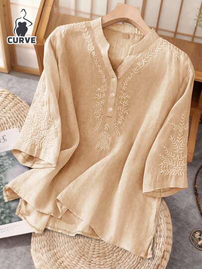 Plus Size Casual Loose Fit Embroidery Detail Women Top, Spring/Summer
