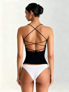 XLLAIS 性感露背交叉条纹夏季上衣弹力休闲吊带度假装女式吊带衫