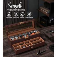 GSYY Watch Case Box For Men - 7 O Watches Sage Organizer Real-Glass Dilay Case With Ewelry Der 2-Layer PU Leather Collecn Holder Gift For Loved Ones Brown - 棕色 - 查看 3