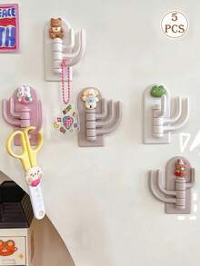 5pcs Cartoon Style 3-Hook Wall Hangers, Cute Adhesive No Drill Hooks For Keys, Bags, Coats, Resin Material - Multicolor - View 1