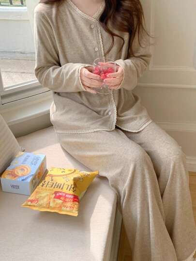 高級感カーディガン少女甘レース長袖長ズボンパジャマ女性部屋着セット