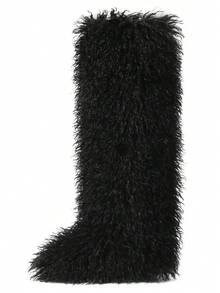 Women's Winter Furry Snow Boots Fuzzy Fluffy Round Toe Suede Booties Flat Heel Slip On Outdoor Indoor Shoes Fashion Warm Fluffy Shoes - 黑色長管 - 查看 11
