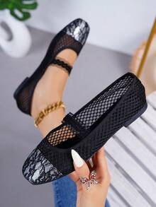 Nuevos zapatos planos de mujer con diseño personalizado, de malla negra, encaje sexy y transpirable, tipo Mary Jane, estilo ballet, de fácil deslizamiento, ligeros y cómodos, fáciles de usar y combinar, calzado casual hecho a mano para damas - Negro - Ver 3