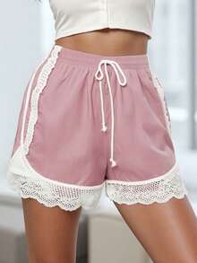 Women's Lace Trim Shorts Casual Loose Fit Stylish Drawstring Mid Rise Shorts For Summer - 粉色 - 查看 3