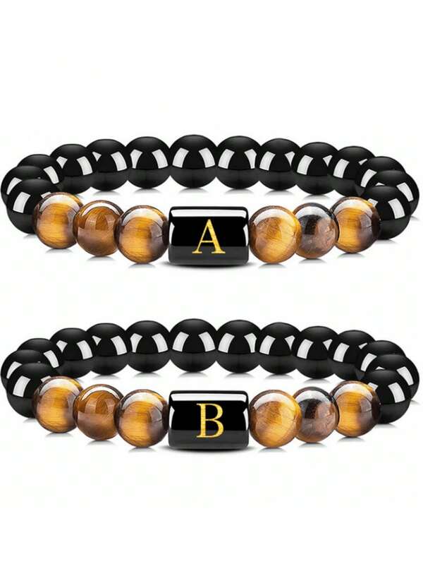 1pc Natural Tiger Eye Stone & Black Obsidian Elastic Bracelet With 26 English Letter Detail For Men And Women's Fashion Jewelry