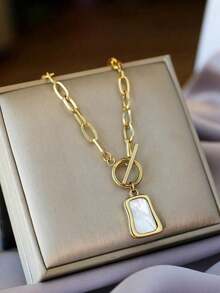 1pc Gold Tone Vintage White Bead Chain Stainless Steel Necklace Women, Short Length Sweater Chain All-Match Cool Style - Gold - View 5
