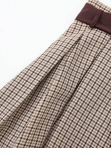 EARO Elegant Plus Size Plaid Pleated Midi Skirt, Non-Stretch, Long Design, With Belt, Fashionable For Women In Autumn Spring - Cà phê mơ - Xem 5