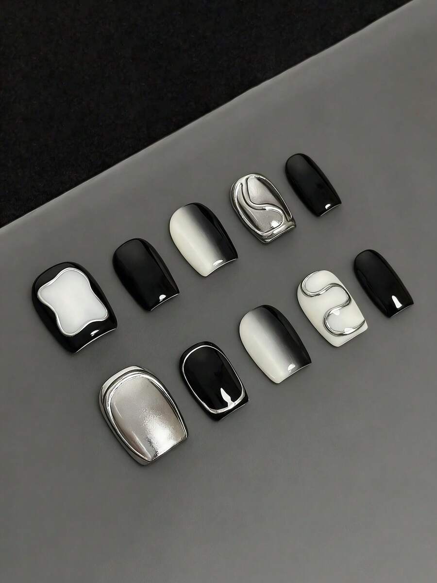 10pcs Pure Handmade Press On Nails Short Nails Square Nails With Black, White And Silver As The Main Colors, The Black And White Gradient And The Three-Dimensional Lines Of Metallic Silver Are Decorated. Nail Supplies - Black and White - View 1