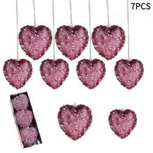 Heart Ornaments Set Of 7 Sequined Pearls Hanging Valentines Decorations For Home Decor - Pink - View 2