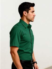 Rand paul Men's Plain Slim Fit Short Sleeve Dress Shirt With Pocket - 墨綠色 - 查看 3