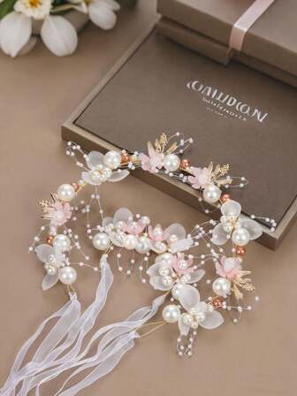 2pcs/Set Kids Headpiece With Wristband, Princess Flower Crown Headband, Fairy Tiara Headpiece For Girls Performance, Stage