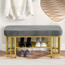 Modern Shoe Bench With A Velvet Seat And Sturdy Metal Frame. Space-Saving Entryway Bench With Adjustable Feet. Ideal As A Shoe Bench For Entryways, Bedrooms, And Small Apartments (Green + Gold) - Grey - View 3