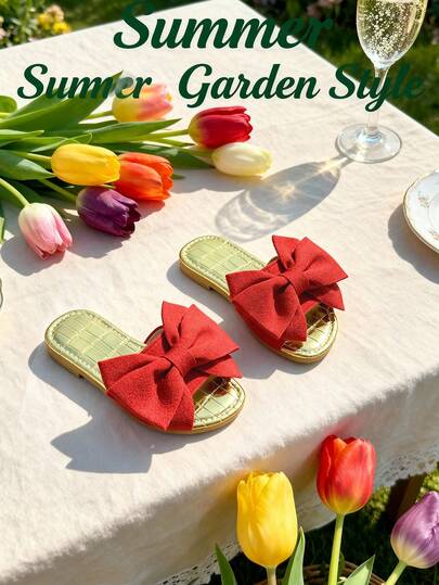 1 Pair Fashionable Summer Kids Slippers, Girls Flat Sandals, Stylish & Comfortable, Red Butterfly Decor, Suitable For Outdoor, Travel, Vacation, Popular Summer Slippers