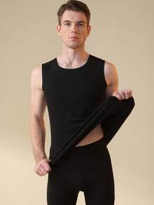 男士保暖紧身背心套装（2件装） - 自发热抓绒面料，宽松圆领，秋冬季保暖叠穿