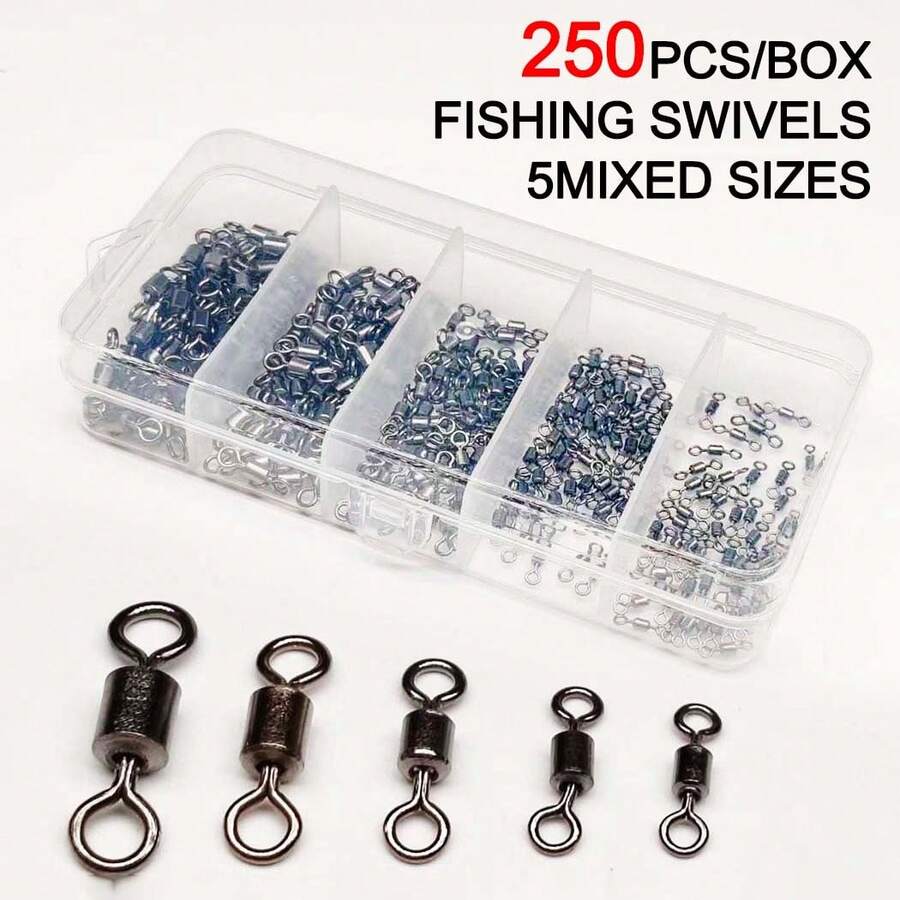 250个/盒 5种混合款式钓鱼桶轴承滚动旋转实心环LB路亚连接器尺寸2/4/6/8/10