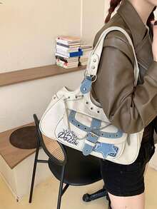 Y2K Gothic Rivet Shoulder Bag For Women – White Punk Belt Purse, 2000s Retro Grunge Crossbody Bag - 白色 - 查看 7