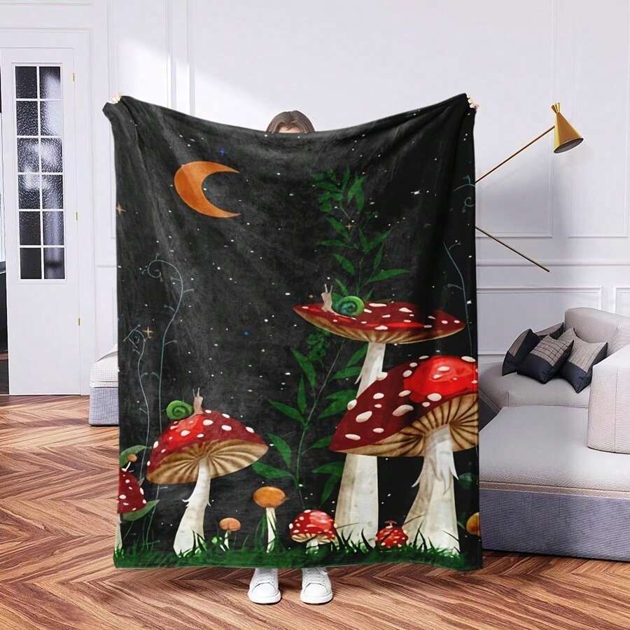 Rustic Mushroom & Snail Flannel Blanket - 280gsm Soft Lightweight All-Season Throw With Starry Night Forest Design, Red/White Mushrooms & Golden Glittery Stars - Cozy Bed, Couch, Camping & Office Blanket - Hand Wash Only, Contemporary Bohemian Home - 彩色 - 查看 1