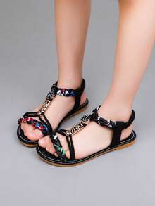 Girls' Sandals, New Summer Roman Shoes, Casual Flat Sandals, Toddler & Little Kid Soft Bottom Printed Open Toe Beach Shoes - Black - View 4