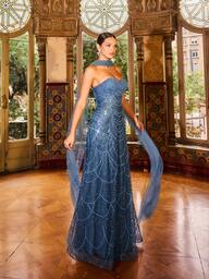 Faeriesty Haute Glamour Luxe, met kralen bezette pailletten, glinsterende zeemeermin-avondjurk met doorschijnende tule sjaal, ingewikkeld kralenwerk met visgraatmotief | Luxe, elegant formeel ontwerp | Perfect voor rode-loper-evenementen, bruiloften, gala's en chique avondfeesten voor vrouwen