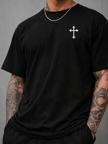 Men's Crew Neck T-Shirt, 100% Cotton, 30.1 Yarn, Comfortable Shirt, Religious Print, Stylish Shirt, Various Colors - 黑色 - 查看 3