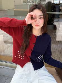 كارديجان محبوك بتصميم جيب بنقاط ملونة للنساء، قابل للعكس باللونين الأحمر والأزرق، بأسلوب أمريكي كاجوال مناسب للخروجات والزيارات والمواعيد في فصلي الخريف والشتاء - الأحمر - مشاهدة 2